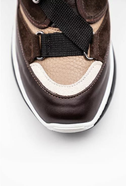 Pantofi sport maro din piele naturala intoarsa si piele naturala box