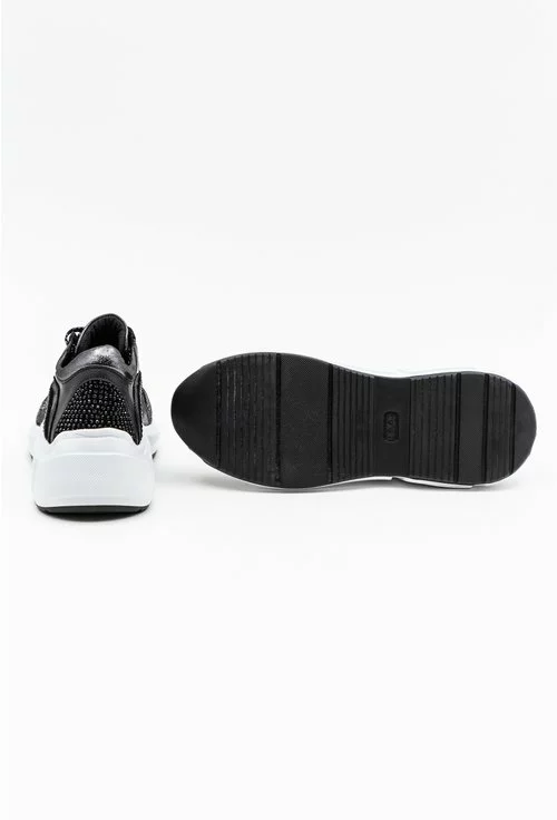 Pantofi sport negri cu detalii pietricele si portiuni gri sidefat
