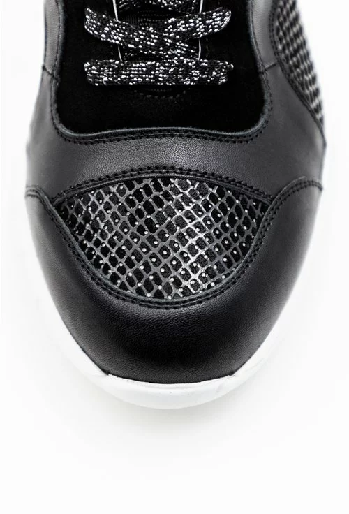 Pantofi sport negri din piele cu detalii din material textil si imprimeu sarpe