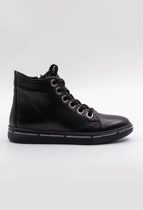 Pantofi sport negri din piele naturala box cu detaliu scris