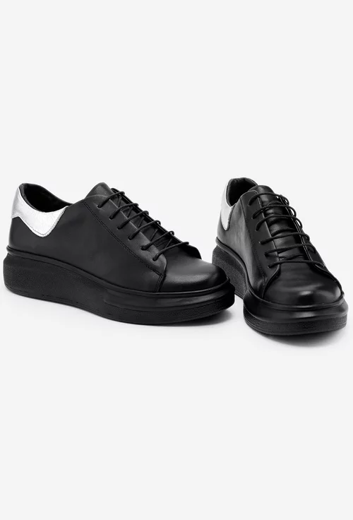 Pantofi sport negri din piele naturala cu detaliu in nuanta diferita
