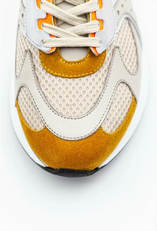 Pantofi sport nuanra taupe cu detalii mustar si portocaliu neon