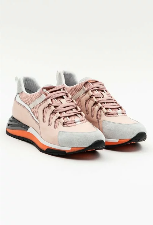 Pantofi sport nuanta roze cu talpa portocalie si detaliu gri metalziat