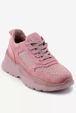 Pantofi sport roz din piele intoarsa cu inchidere siret