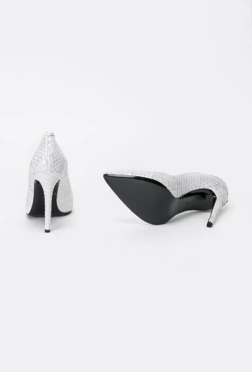 Pantofi stiletto albi-argintii din piele naturala Marcia