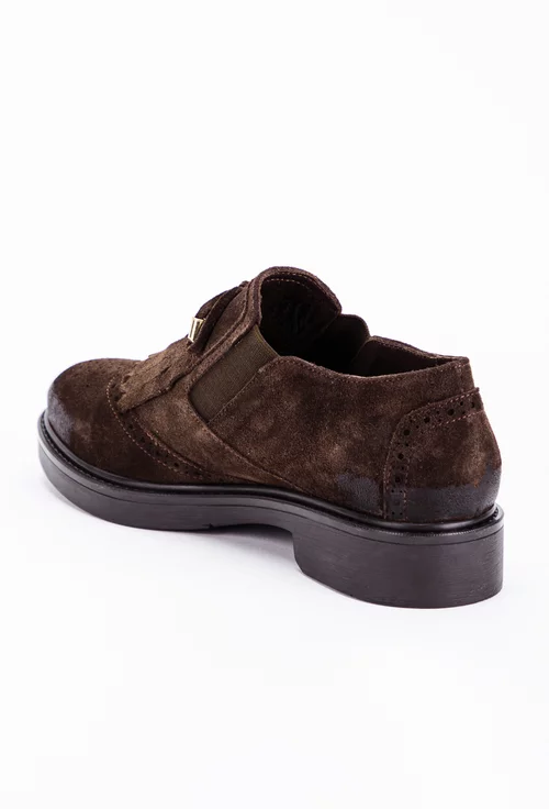 Pantofi tip Oxford maro din piele intoarsa cu ornament