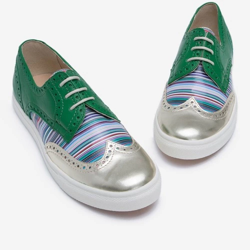 Pantofi verzi cu model auriu deschis si multicolor din piele naturala Green Rainbow