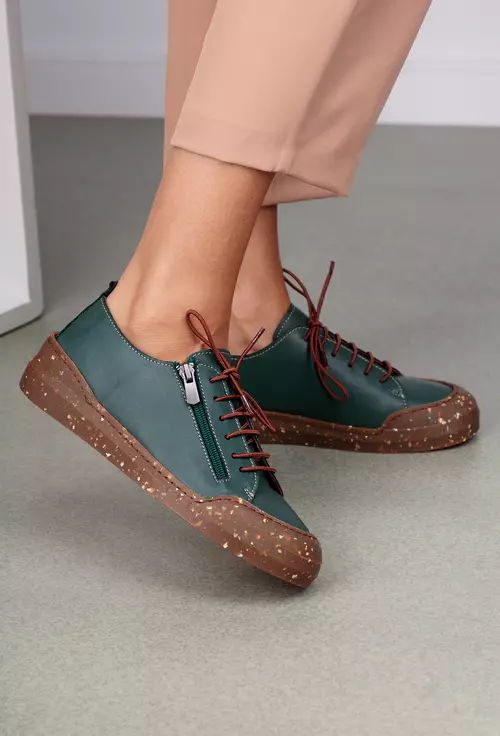 Pantofi verzi din piele cu siret si fermoar