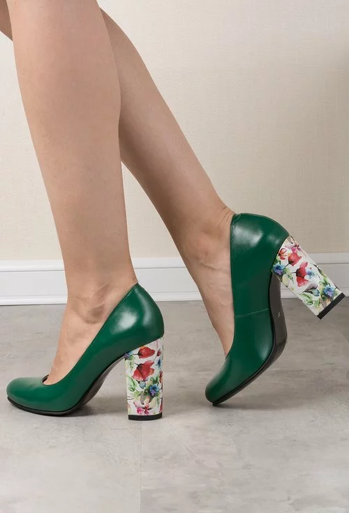 Pantofi verzi din piele naturala cu toc colorat Hanna