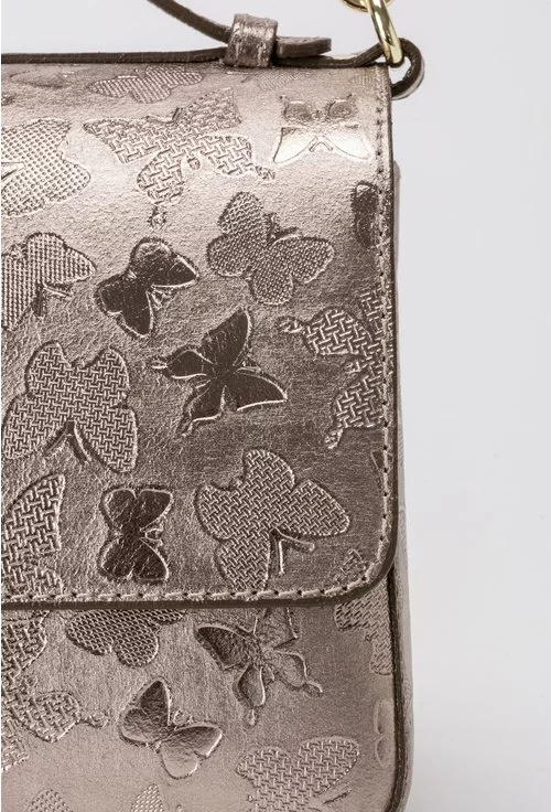 Poseta bronz metalizat din piele naturala cu imprimeu cu fluturi Romina