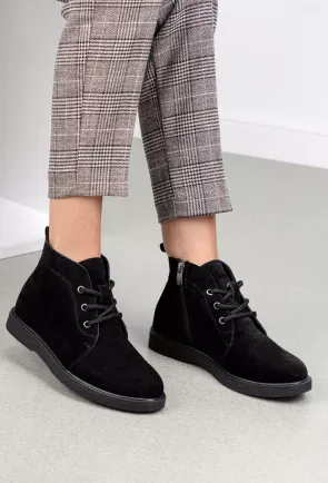 Ghete dama negre din piele intoarsa cu siret si fermoar