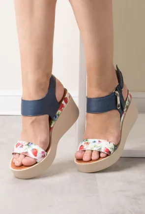 Sandale navy cu alb si imprimeu floral din piele naturala Dotty
