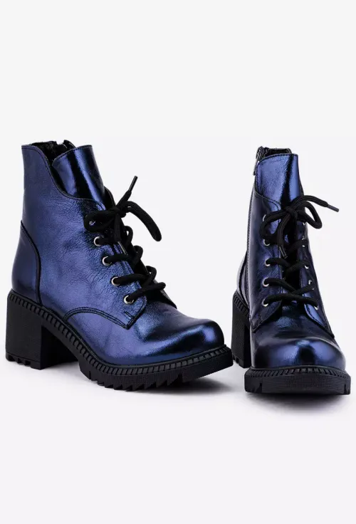 Botine dama albastre sidefate din piele cu toc gros picture - 6