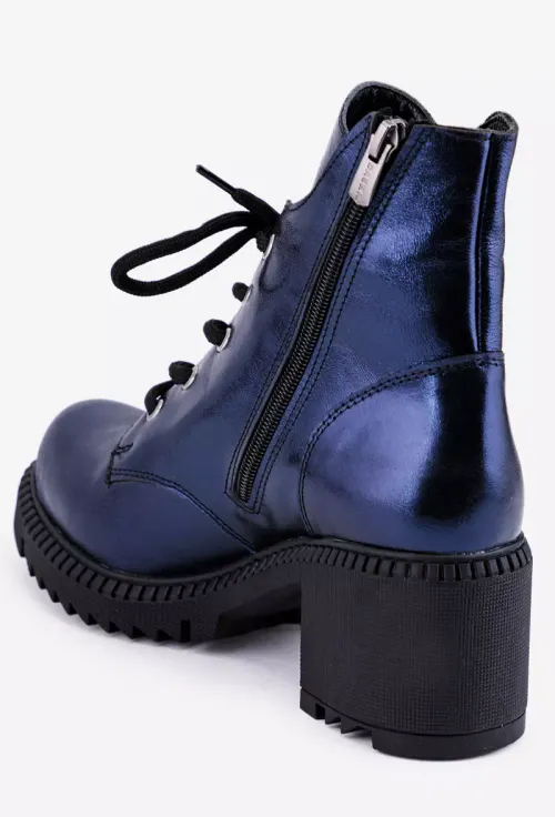 Botine dama albastre sidefate din piele cu toc gros picture - 4