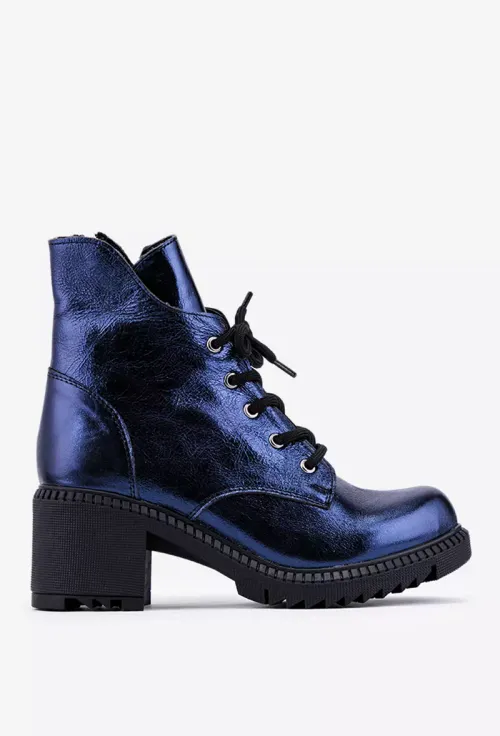 Botine dama albastre sidefate din piele cu toc gros picture - 2
