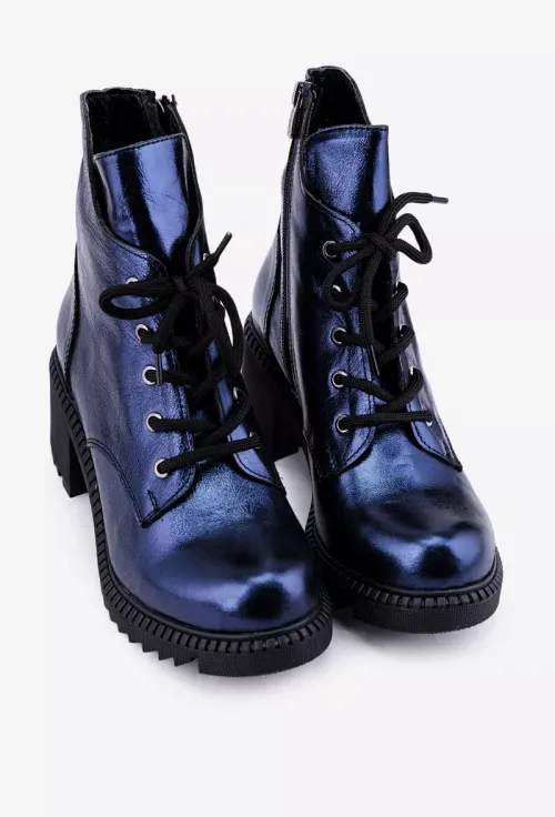 Botine dama albastre sidefate din piele cu toc gros picture - 3