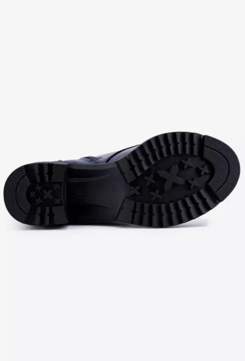Botine dama albastre sidefate din piele cu toc gros picture - 5