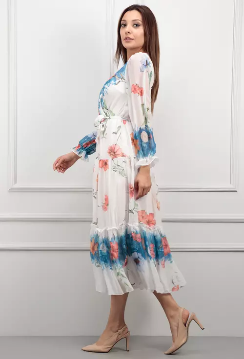 Rochie alba din voal cu imprimeu floral
