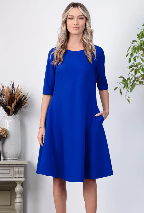 Rochie albastra accesorizata cu buzunare