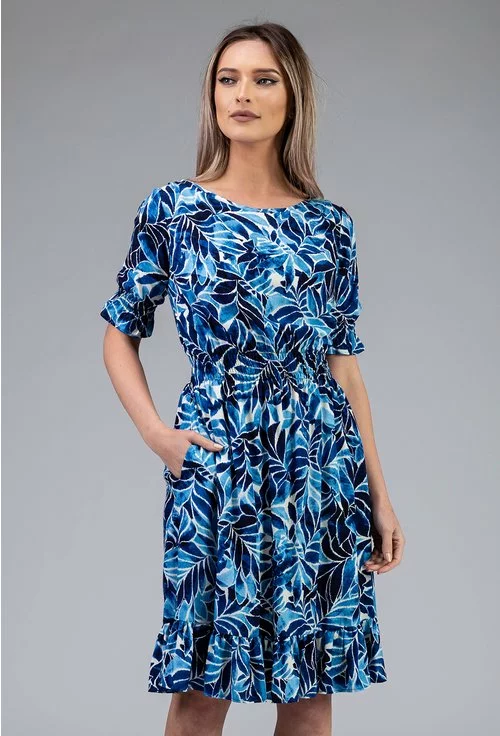 Rochie albastra cu imprimeu floral si volane