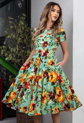 Rochie ampla nuanta turcoaz cu imprimeu floral