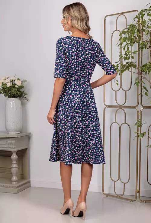 Rochie bleumarin cu imprimeu floral si buzunare