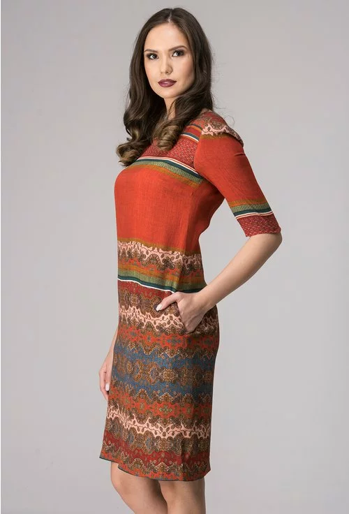 Rochie caramizie cu imprimeu multicolor Sanda