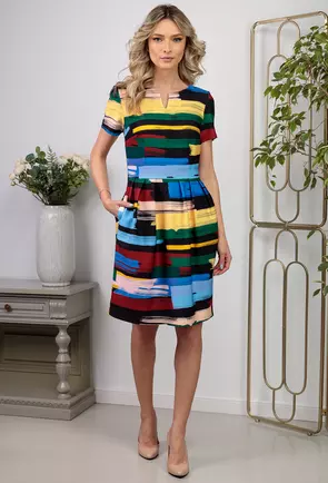 Rochie cu imprimeu multicolor accesorizata cu buzunare