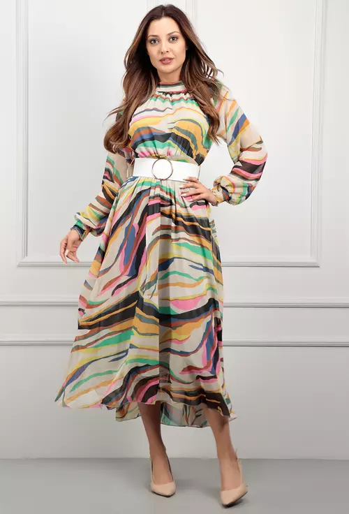Rochie cu imprimeu multicolor si curea in talie