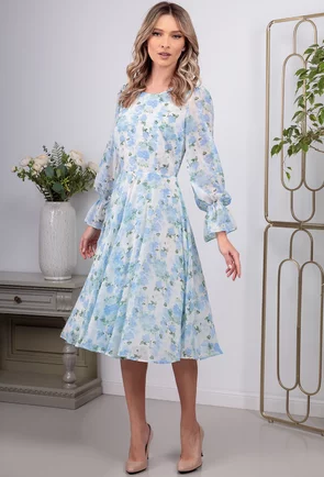 Rochie din voal alba cu imprimeu floral bleu