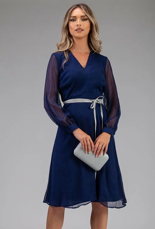 Rochie eleganta albastra cu cordon in talie