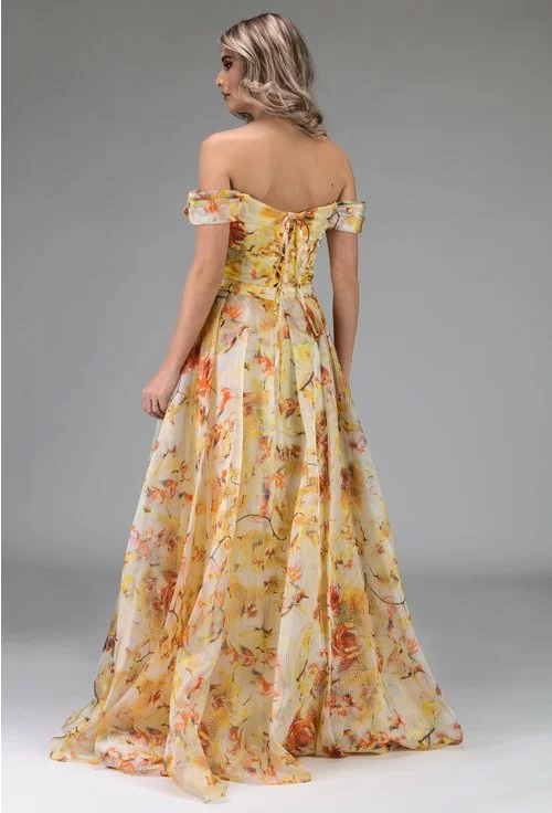 Rochie eleganta lunga galbena cu imprimeu floral