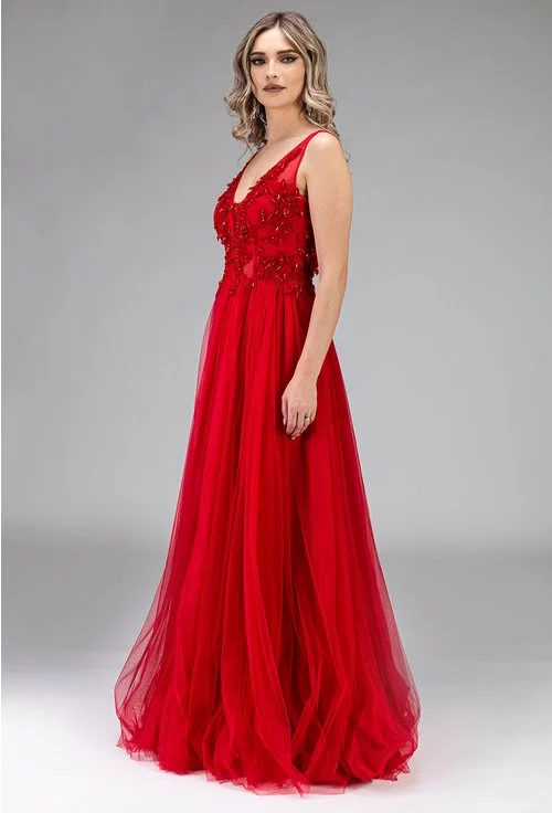 Rochie eleganta lunga rosie cu strasuri