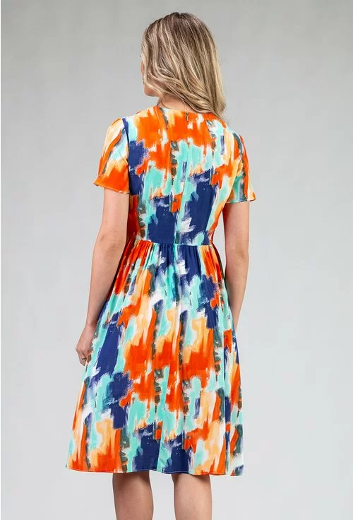 Rochie multicolora cu imprimeu abstract si pliuri