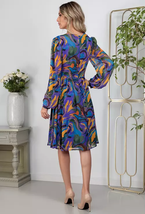 Rochie multicolora din voal cu maneci lungi