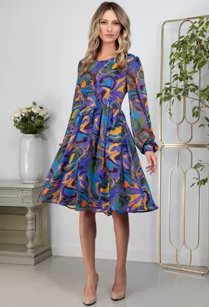 Rochie multicolora din voal cu maneci lungi