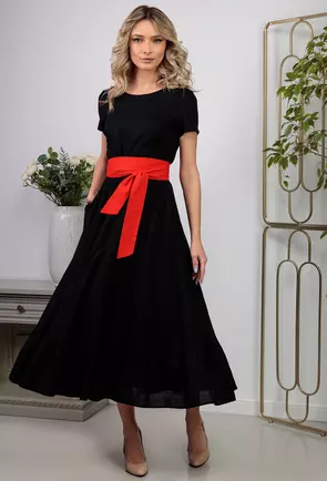 Rochie neagra din in accesorizata cu buzunare