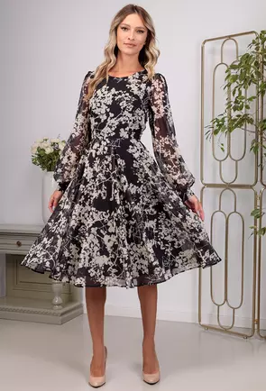 Rochie neagra din voal cu imprimeu si maneci lungi