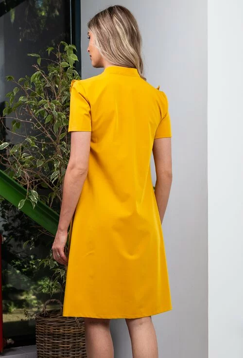 Rochie nuanta galben mustar cu imprimeu colorat