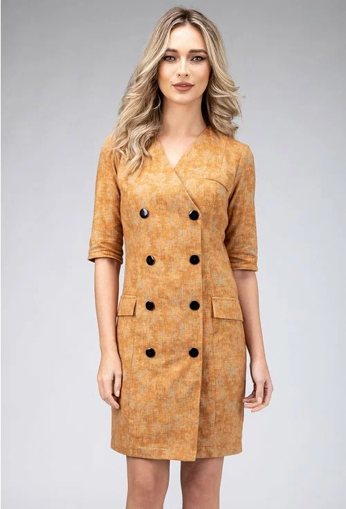 Rochie office tip sacou din bumbac nuanta camel