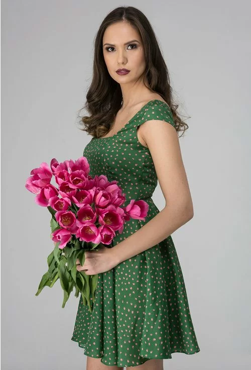 Rochie verde cu imprimeu roz Theia