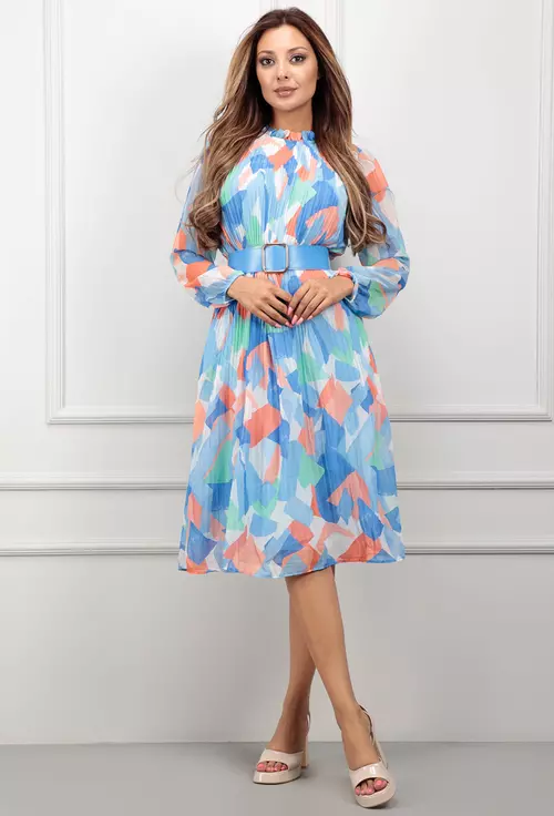 Rochie plisata bleu cu imprimeu multicolor