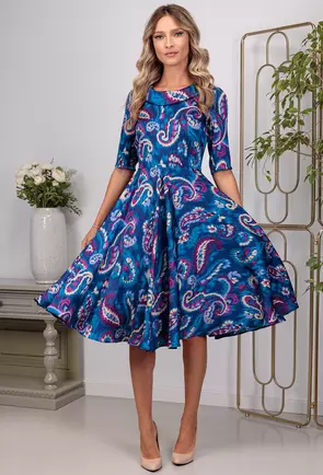 Rochie satinata albastra cu imprimeu colorat