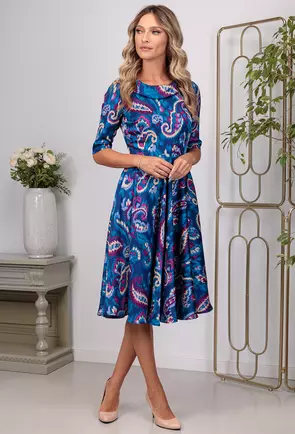 Rochie satinata albastra cu imprimeu colorat