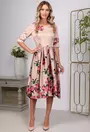 Rochie satinata bej cu imprimeu floral