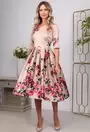 Rochie satinata bej cu imprimeu floral