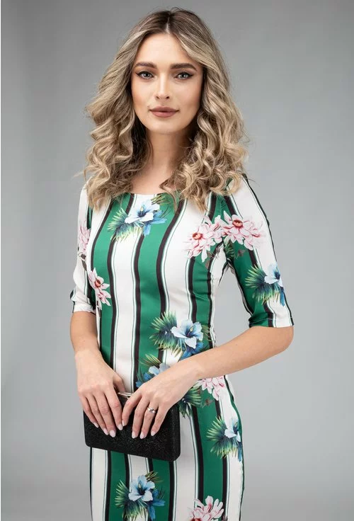Rochie verde cu dungi si imprimeu floral Niabi