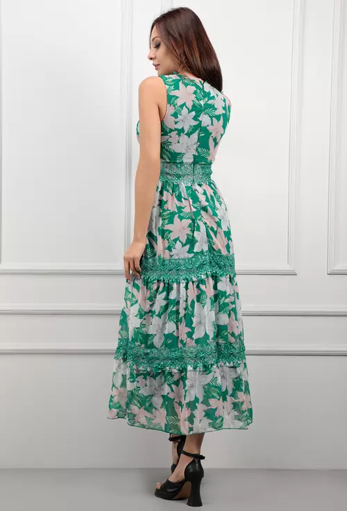 Rochie verde cu imprimeu floral si aplicatie dantela