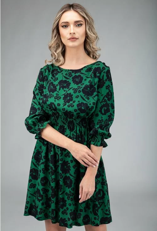 Rochie verde cu imprimeu floral si volan