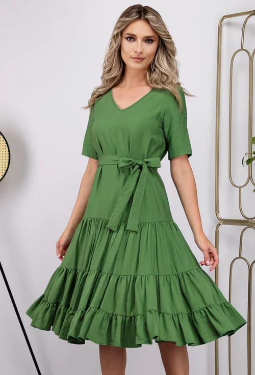 Rochie verde cu volane late si cordon